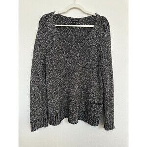 Eileen Fisher Marled V-Neck Cotton Sweater Black Long Sleeve White Women's Large